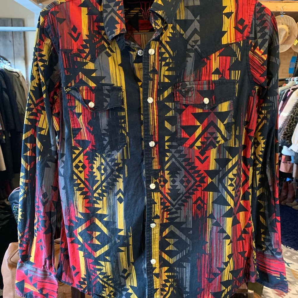 Platini Western Colorful Geometric Button-Up Pearl Snap Shirt